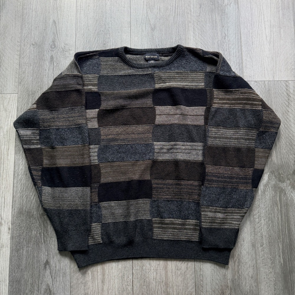 Vintage 90s Marc Edwards Sweater Mens L Gray Patchwork Knit Acrylic Crewneck